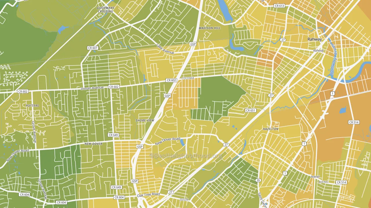 Map of the best neighborhoods in the Colonia area, with better matches in green and worse matches in red