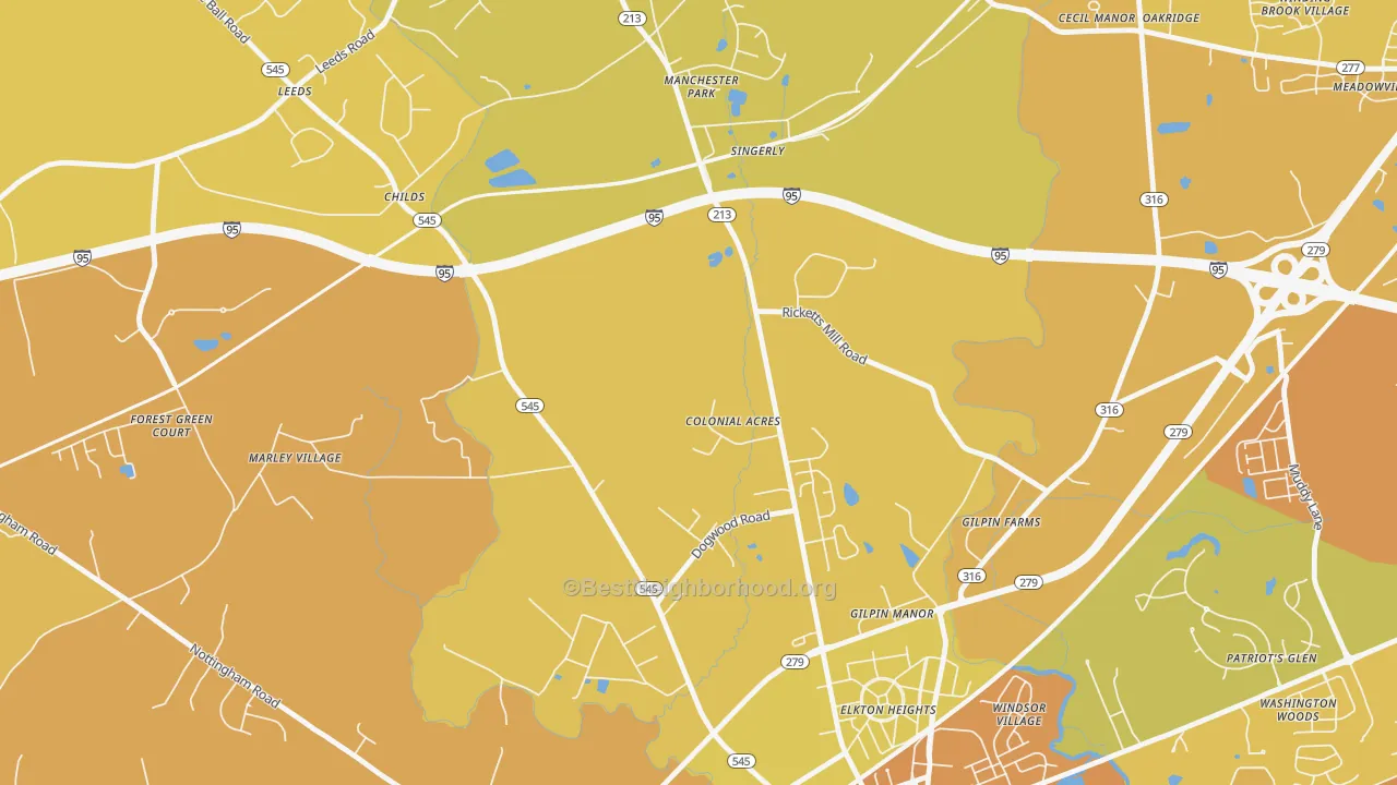 Map of the best neighborhoods in the Colonial Acres area, with better matches in green and worse matches in red