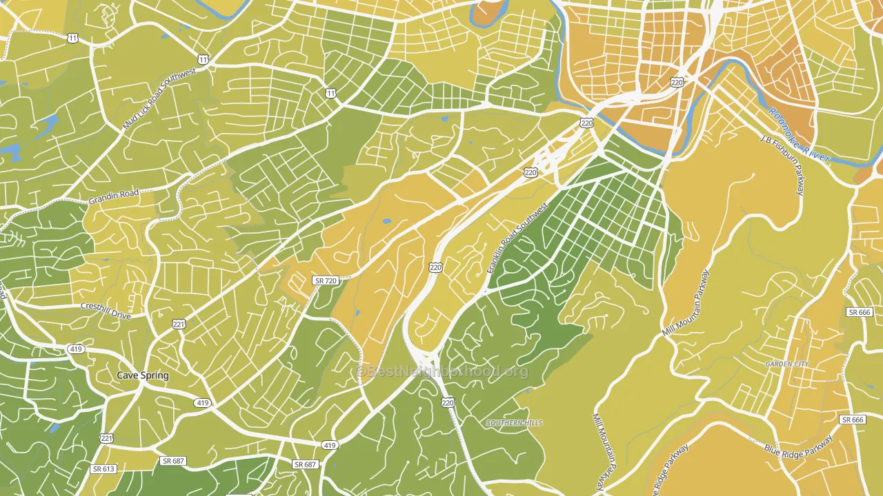 Map of the best neighborhoods in the Colonial Avenue Area, Roanoke area, with better matches in green and worse matches in red