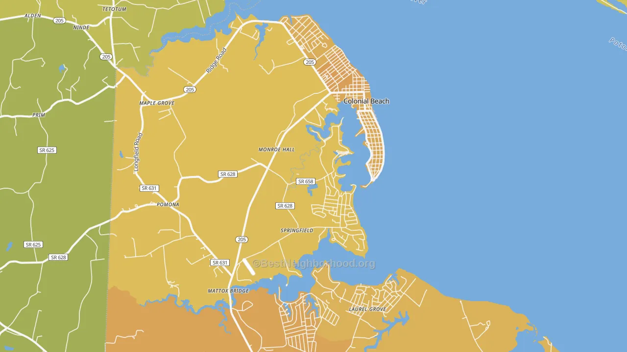 Map of the best neighborhoods in the Colonial Beach area, with better matches in green and worse matches in red