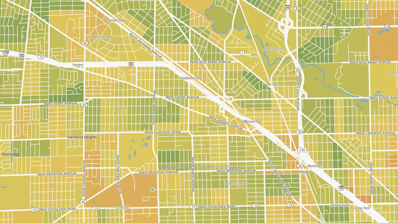 Map of the best neighborhoods in the Colonial Gardens, Chicago area, with better matches in green and worse matches in red