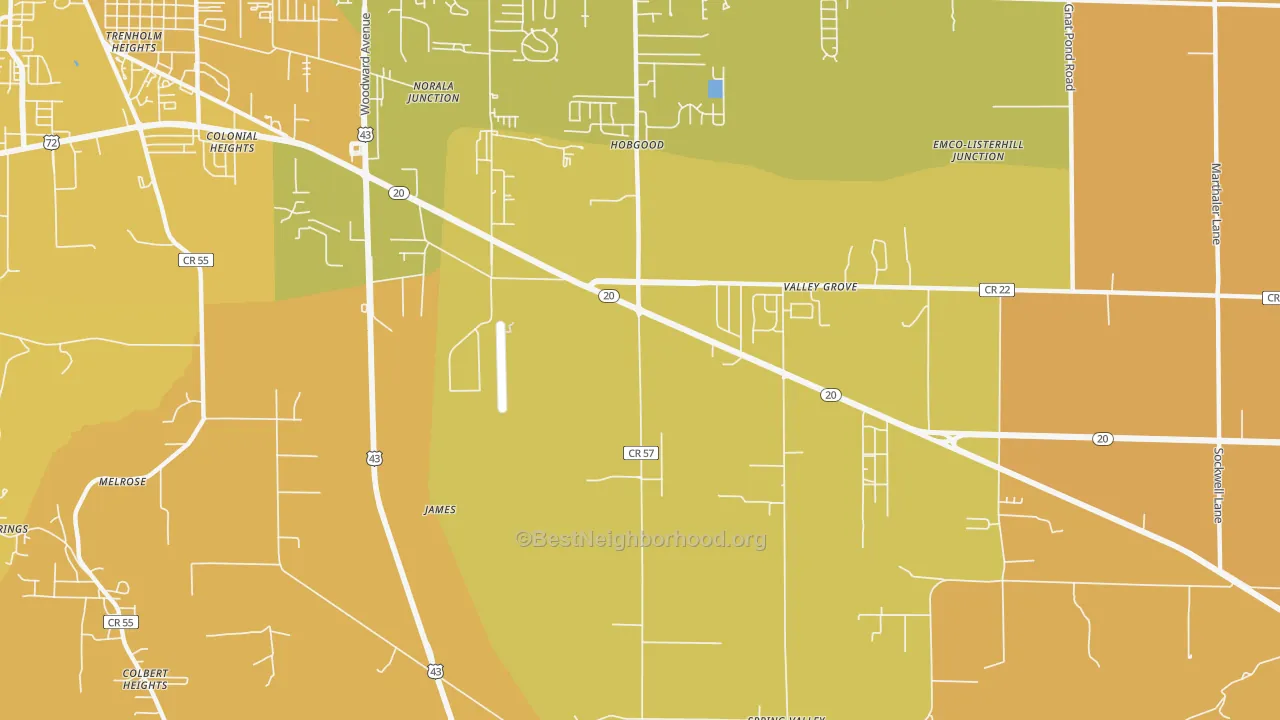 Map of the best neighborhoods in the Colonial Heights area, with better matches in green and worse matches in red