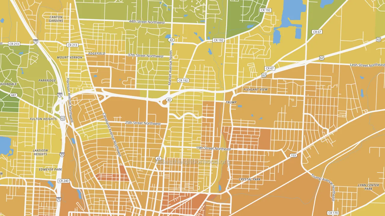 Map of the best neighborhoods in the Colonial Heights, Canton area, with better matches in green and worse matches in red
