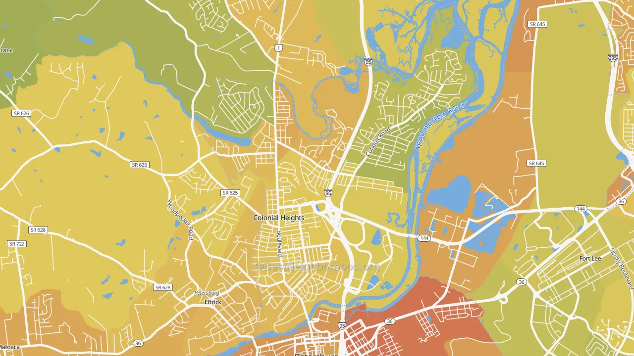 Map of the best neighborhoods in the Colonial Heights City area, with better matches in green and worse matches in red
