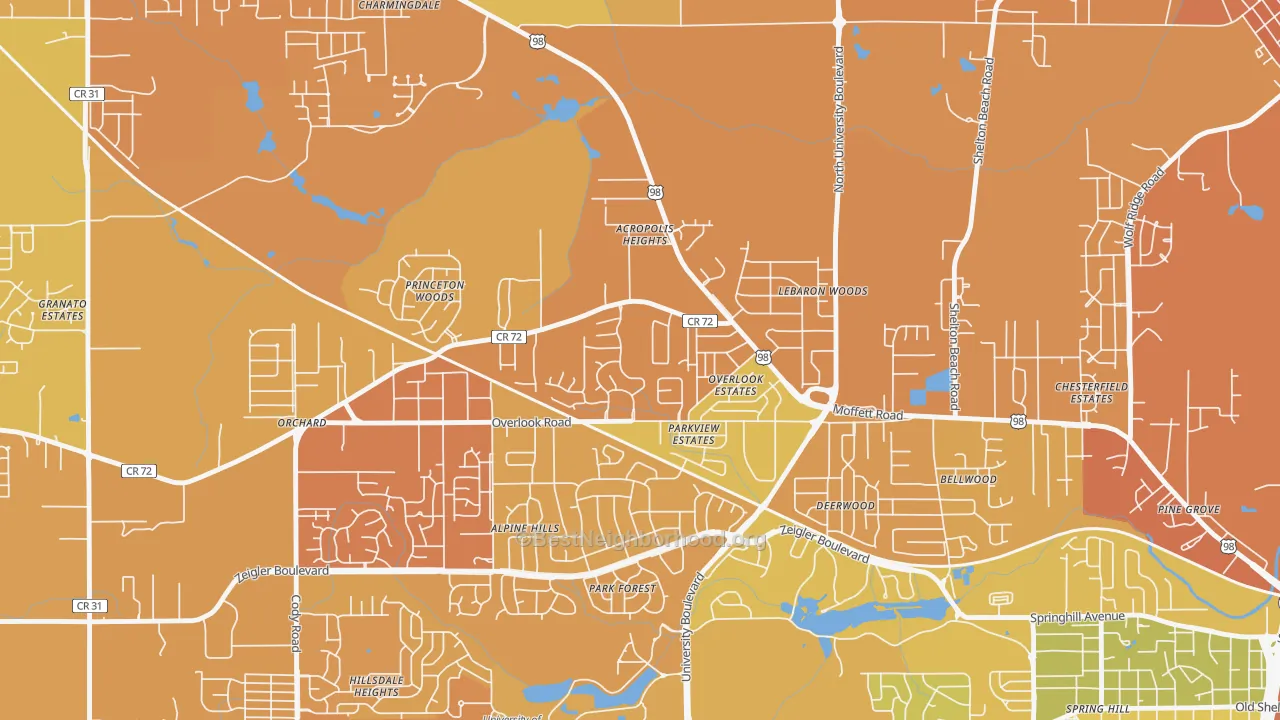 Map of the best neighborhoods in the Colonial Heights, Mobile area, with better matches in green and worse matches in red