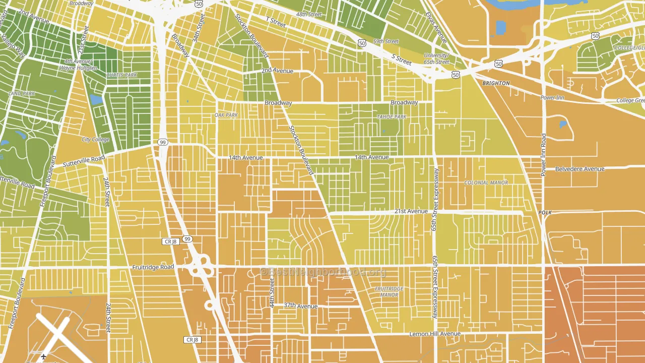 Map of the best neighborhoods in the Colonial Heights, Sacramento area, with better matches in green and worse matches in red