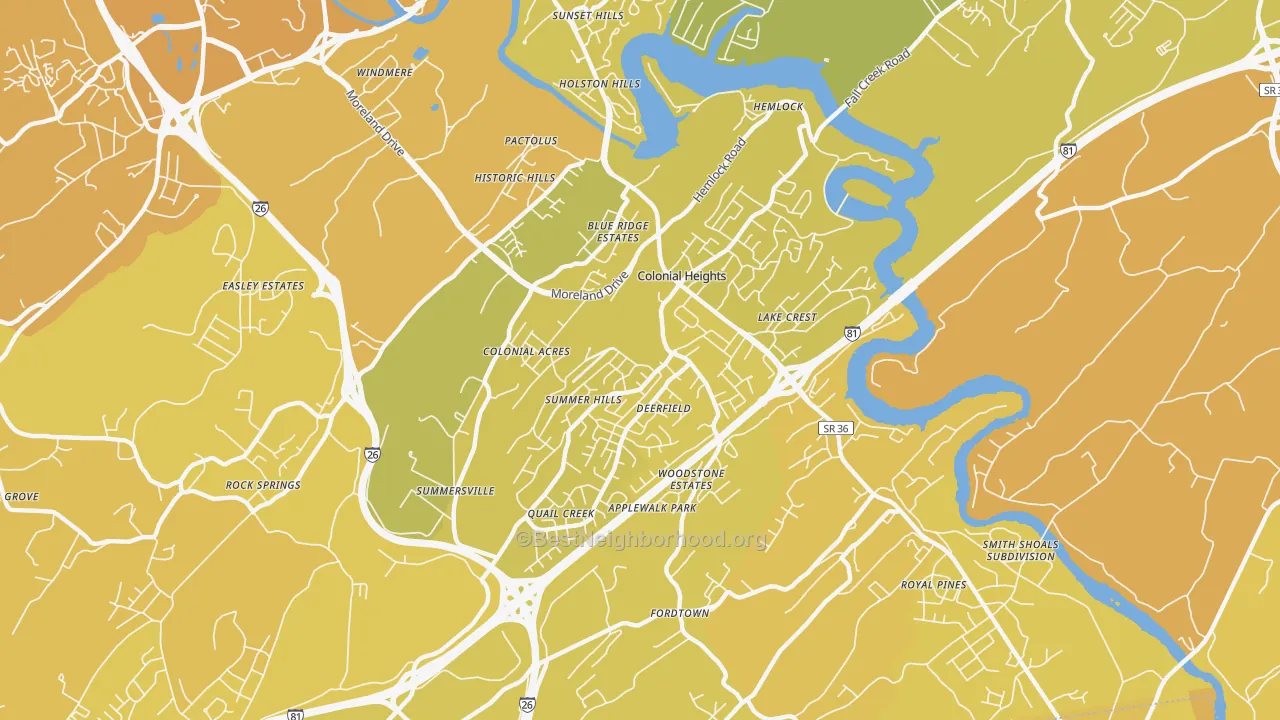 Map of the best neighborhoods in the Colonial Heights area, with better matches in green and worse matches in red