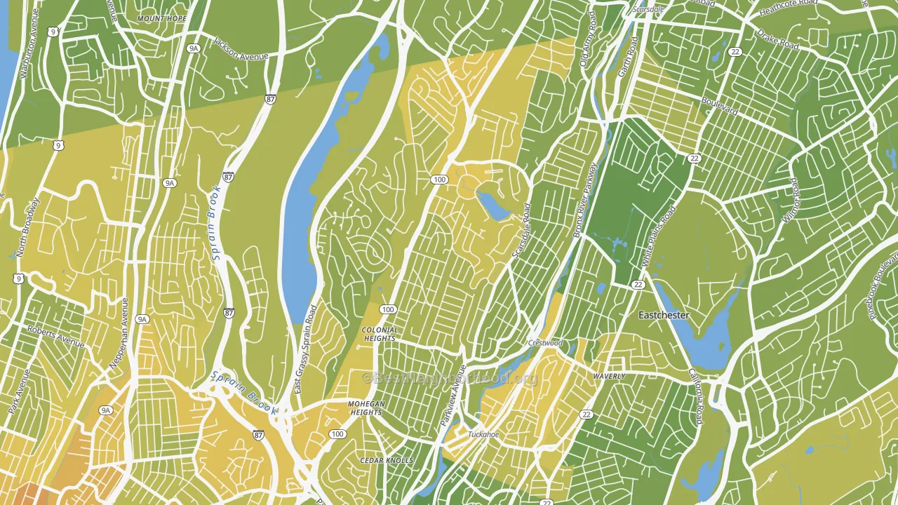 Map of the best neighborhoods in the Colonial Heights, Yonkers area, with better matches in green and worse matches in red