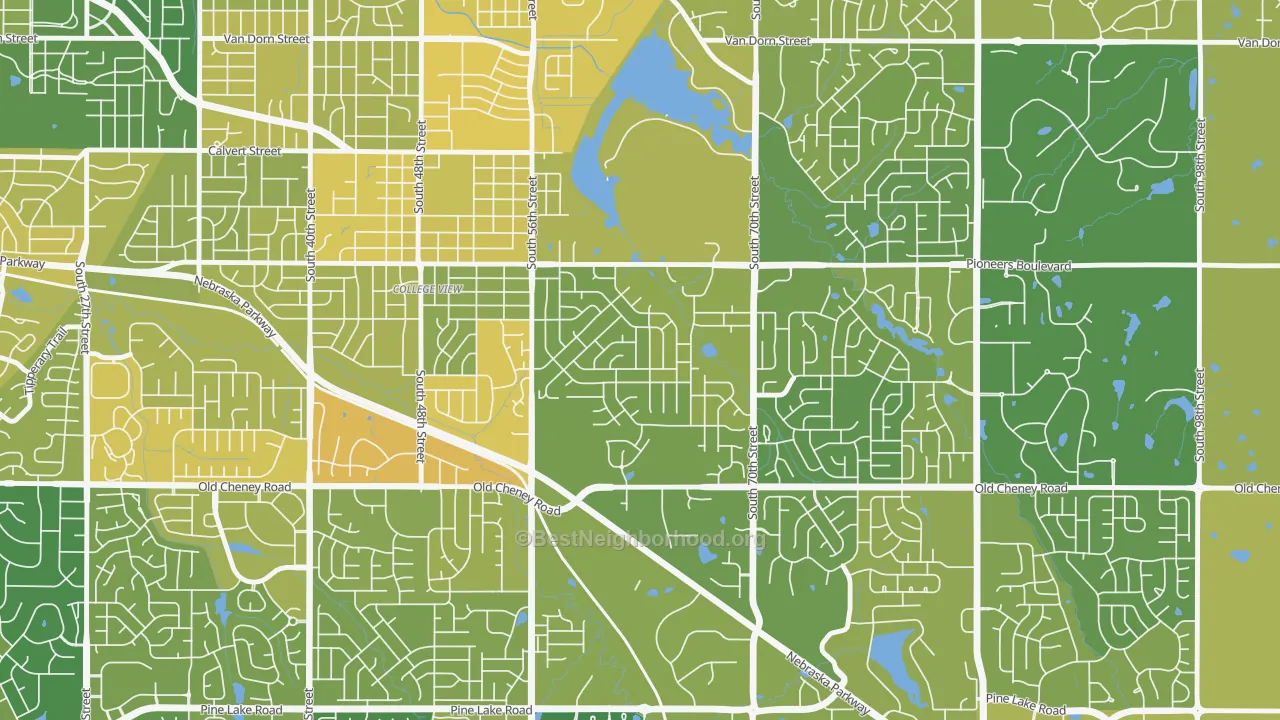 Map of the best neighborhoods in the Colonial Hills, Lincoln area, with better matches in green and worse matches in red