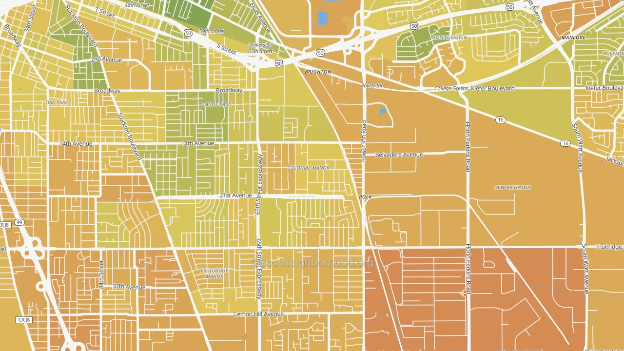 Map of the best neighborhoods in the Colonial Manor, Sacramento area, with better matches in green and worse matches in red