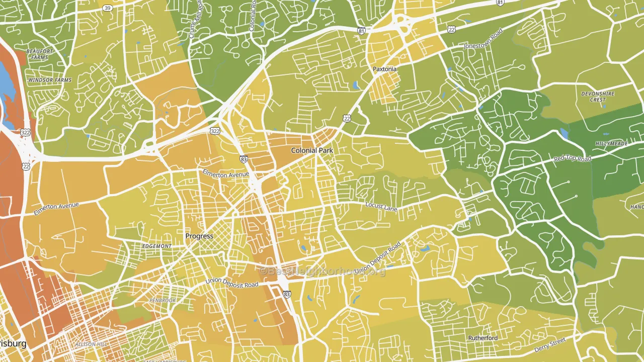 Map of the best neighborhoods in the Colonial Park area, with better matches in green and worse matches in red