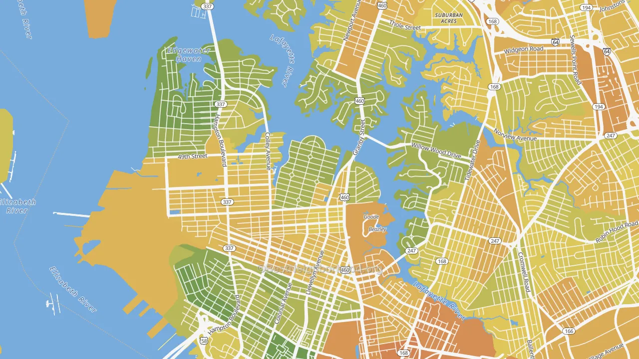 Map of the best neighborhoods in the Colonial Place Riverview, Norfolk area, with better matches in green and worse matches in red