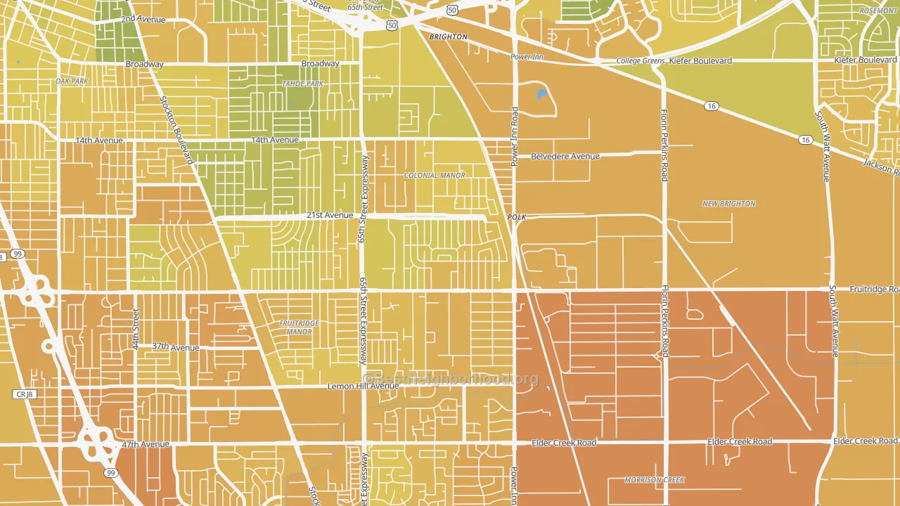 Map of the best neighborhoods in the Colonial Village, Sacramento area, with better matches in green and worse matches in red