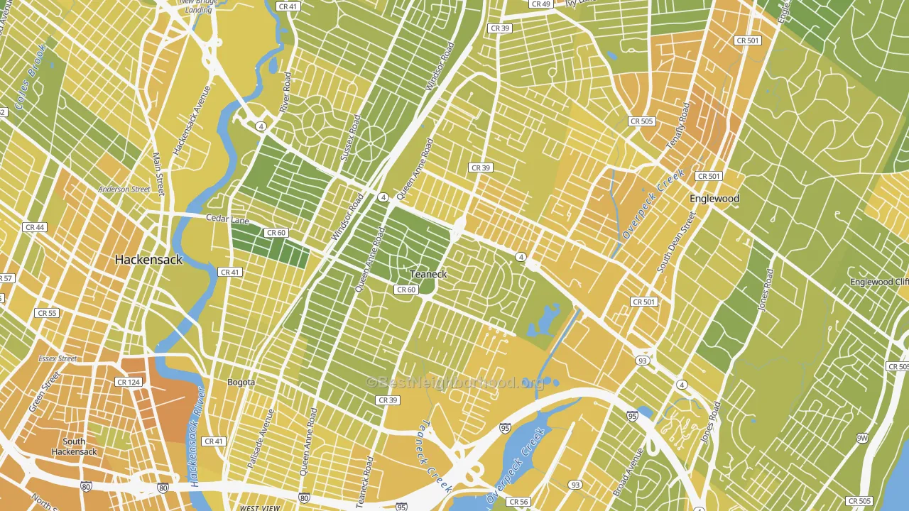 Map of the best neighborhoods in the Colonial Village, Teaneck area, with better matches in green and worse matches in red