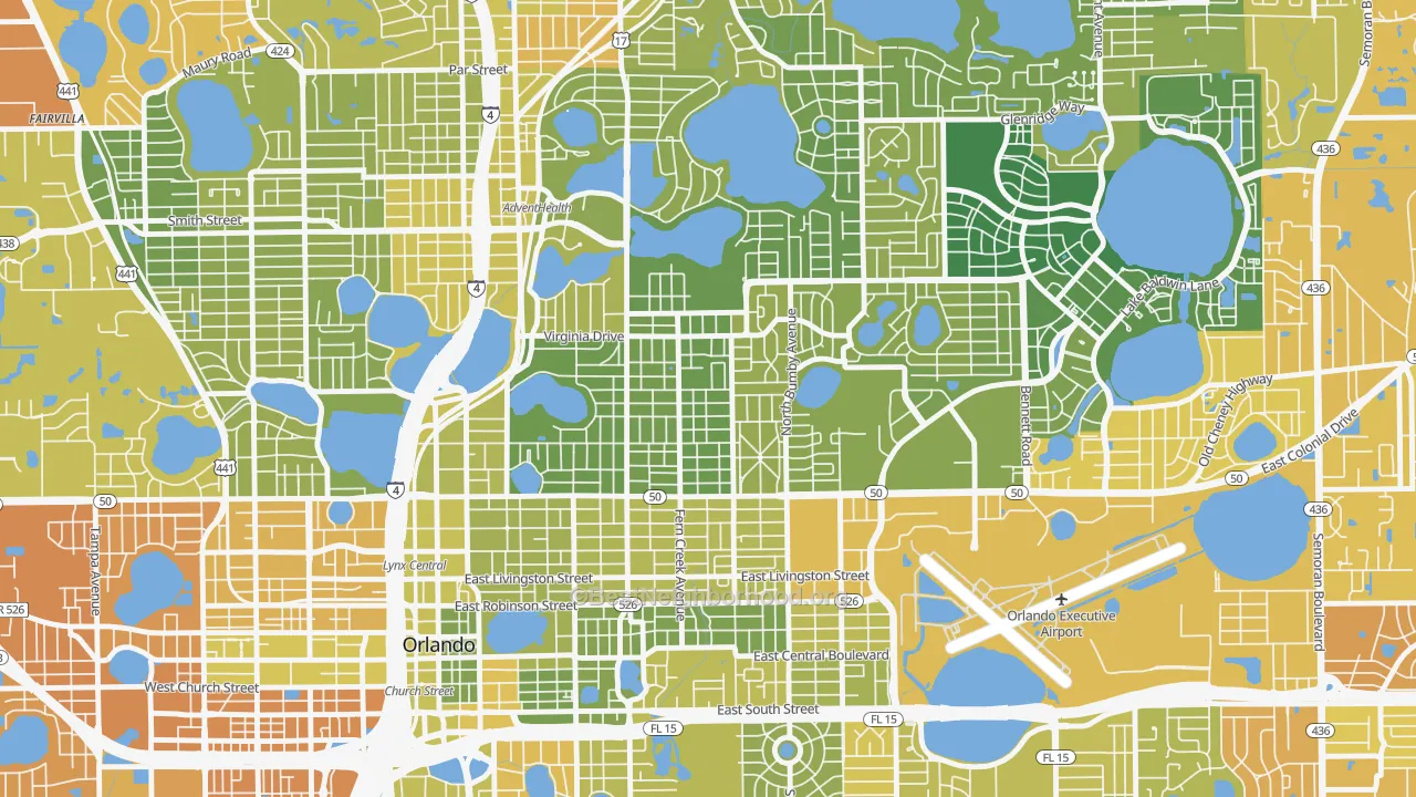 Map of the best neighborhoods in the Colonicaltown North, Orlando area, with better matches in green and worse matches in red