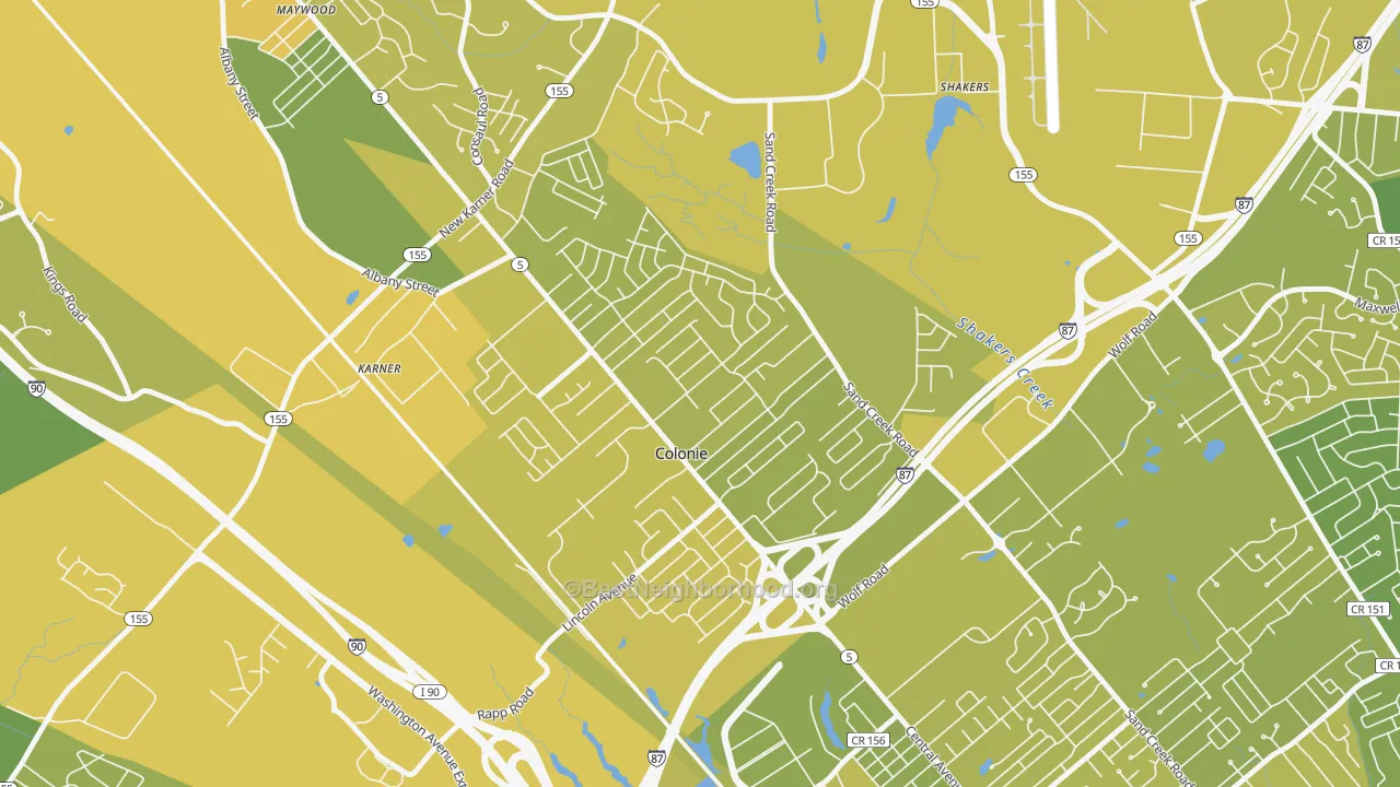 Map of the best neighborhoods in the Colonie area, with better matches in green and worse matches in red
