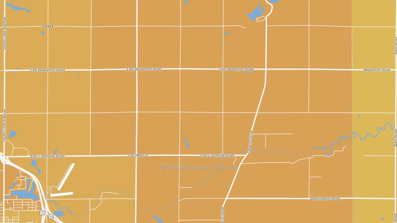 Map of the best neighborhoods in the Colonville area, with better matches in green and worse matches in red