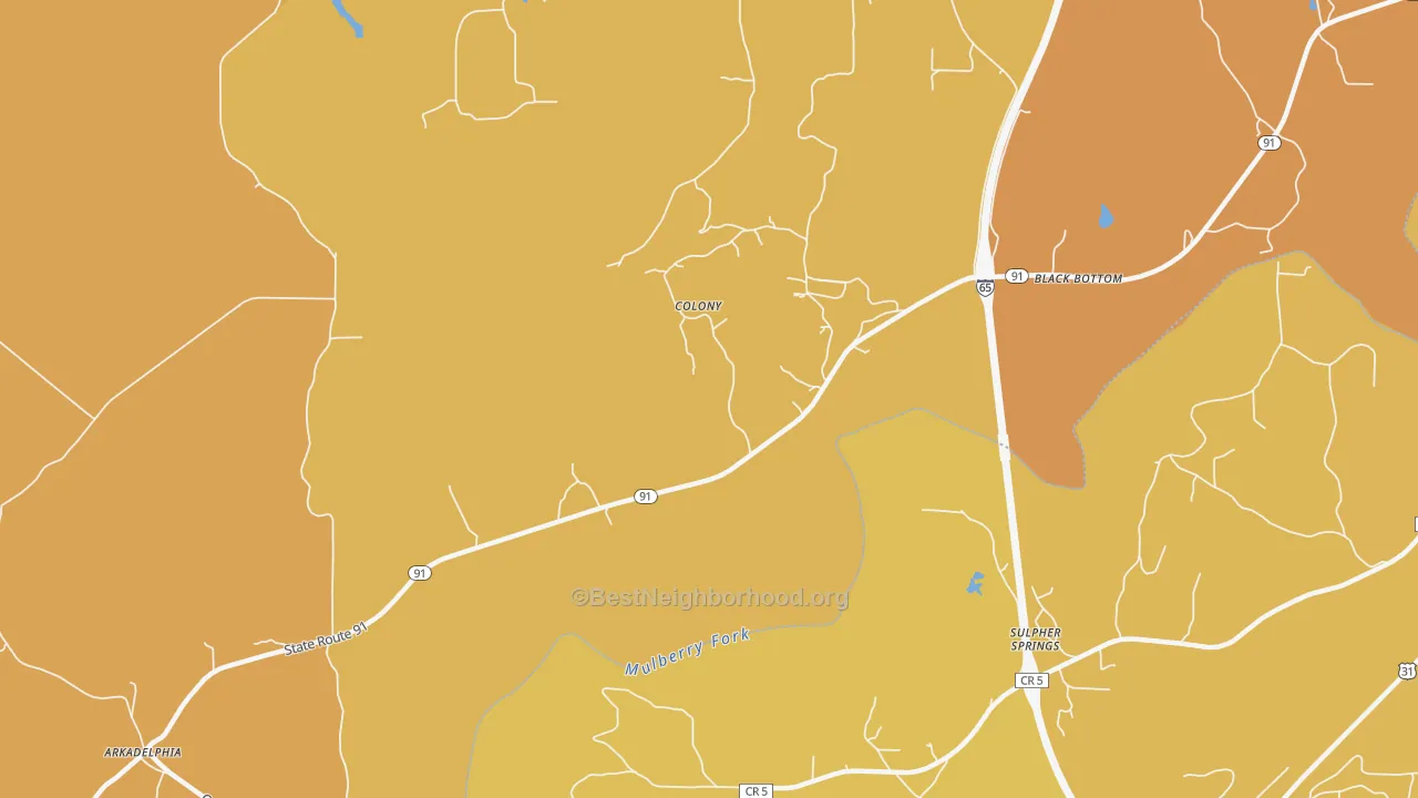 Map of the best neighborhoods in the Colony area, with better matches in green and worse matches in red