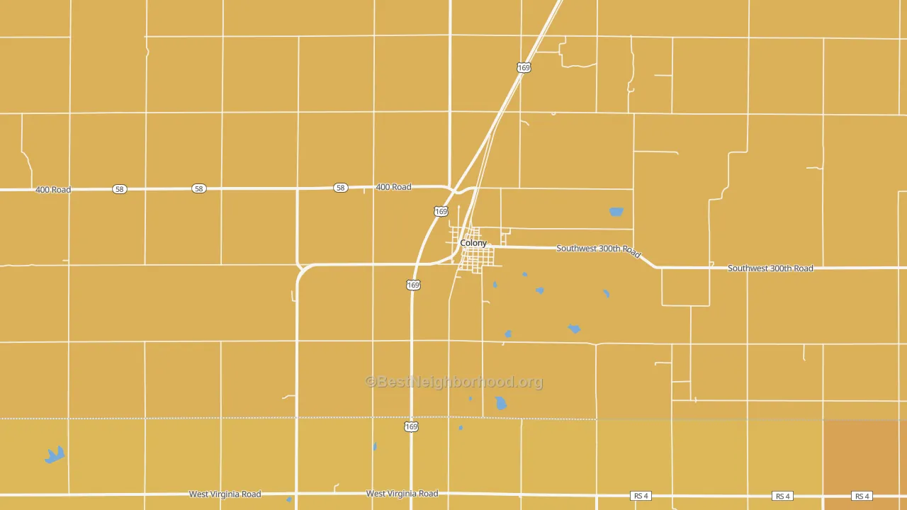 Map of the best neighborhoods in the Colony area, with better matches in green and worse matches in red