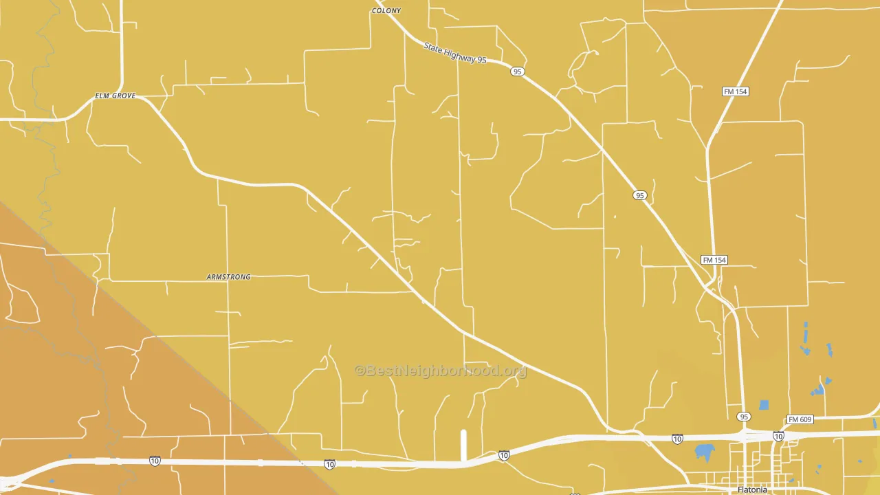 Map of the best neighborhoods in the Colony area, with better matches in green and worse matches in red