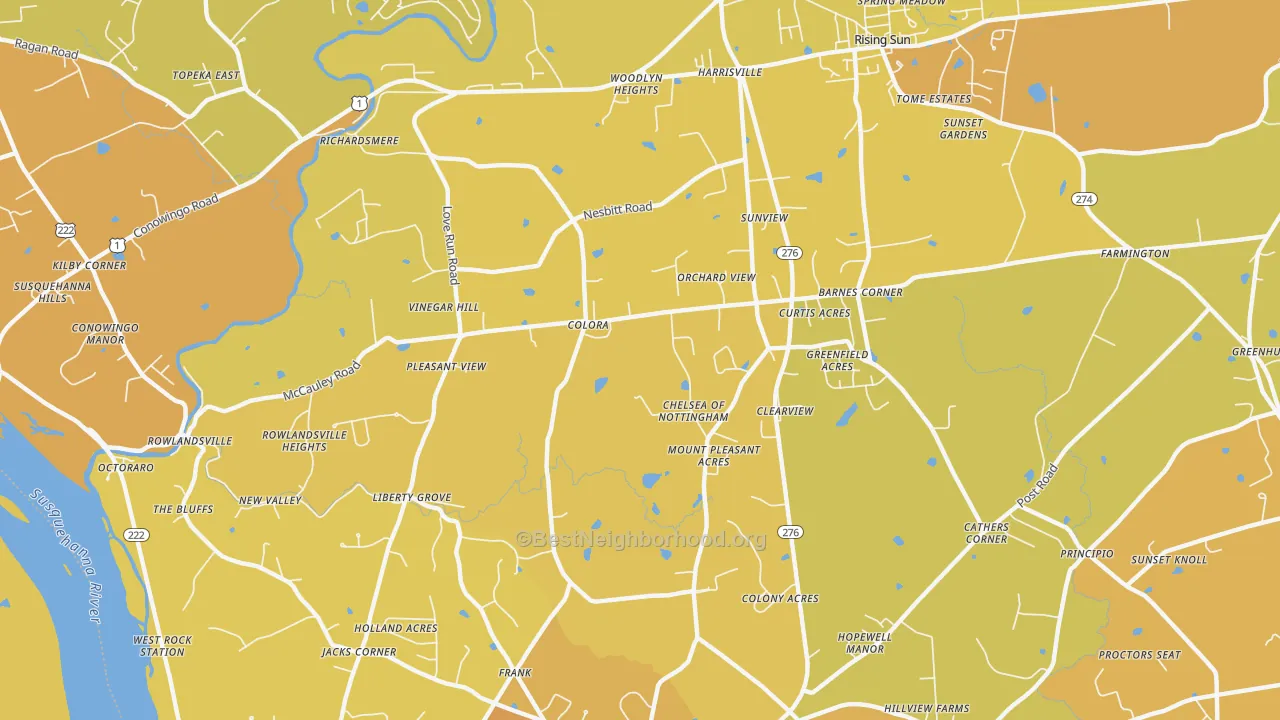 Map of the best neighborhoods in the Colora area, with better matches in green and worse matches in red