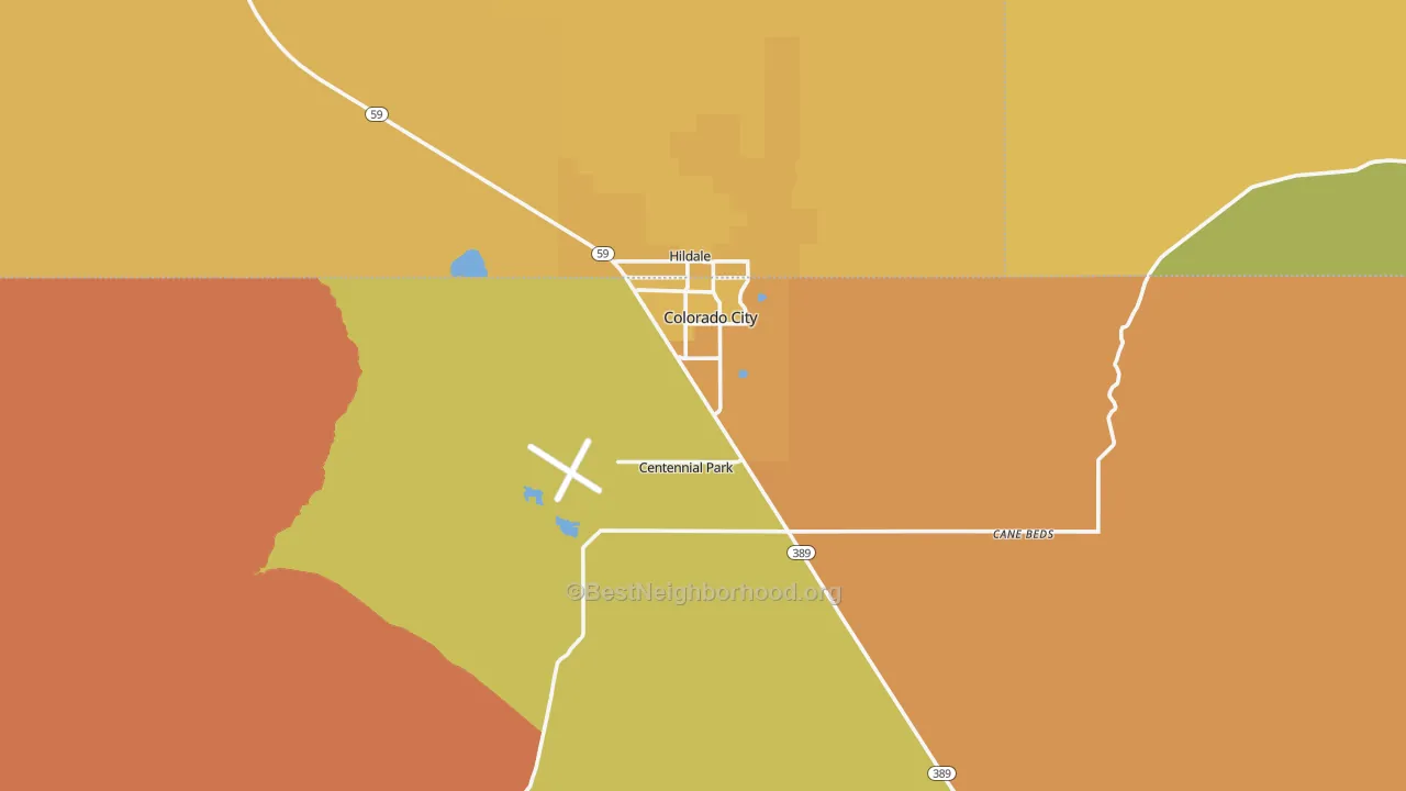 Map of the best neighborhoods in the Colorado City area, with better matches in green and worse matches in red