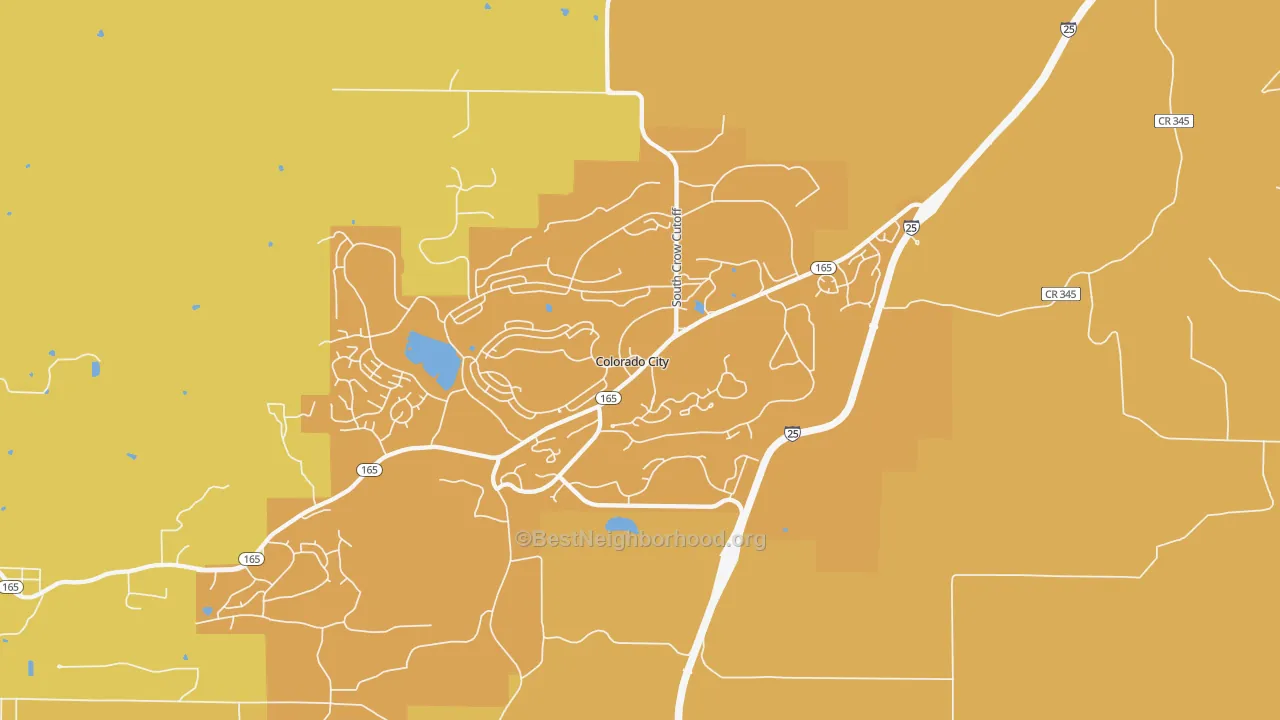 Map of the best neighborhoods in the Colorado City area, with better matches in green and worse matches in red