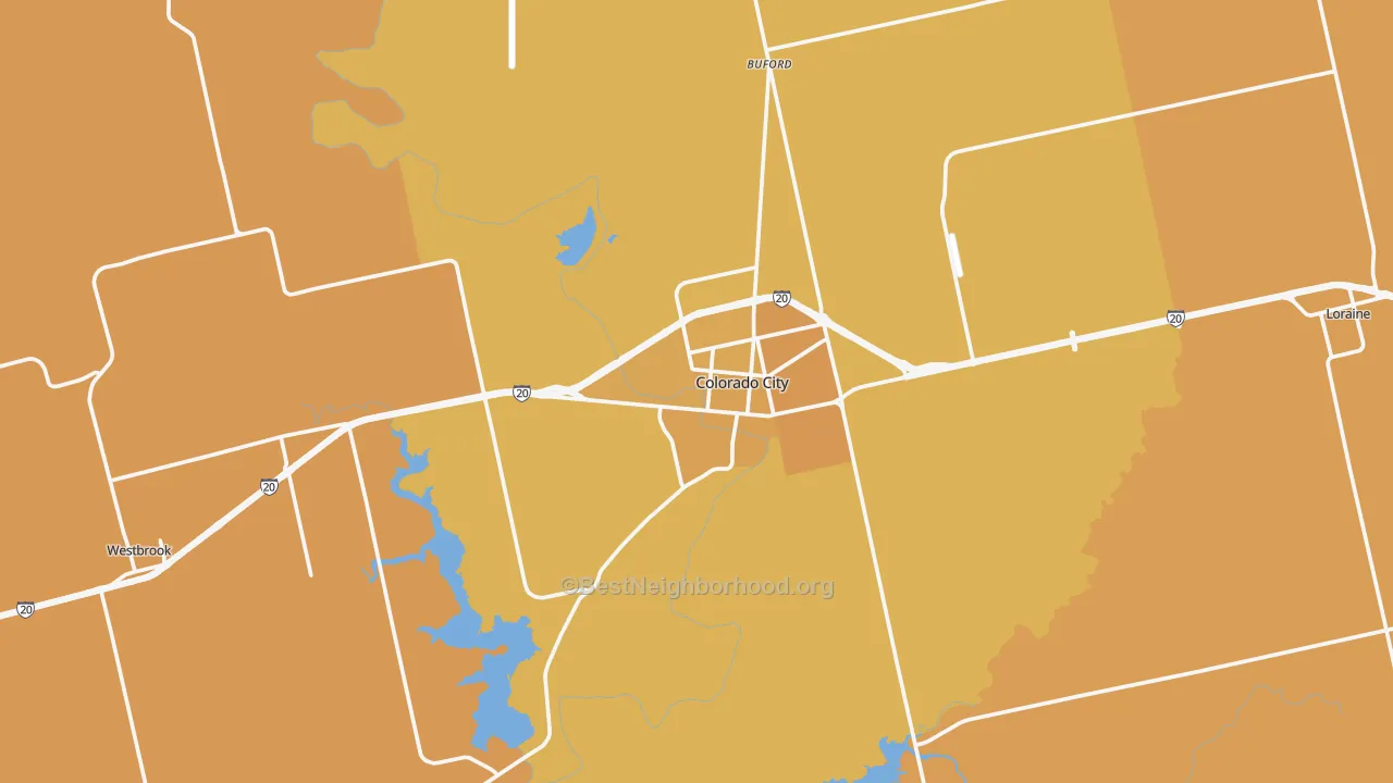 Map of the best neighborhoods in the Colorado City area, with better matches in green and worse matches in red
