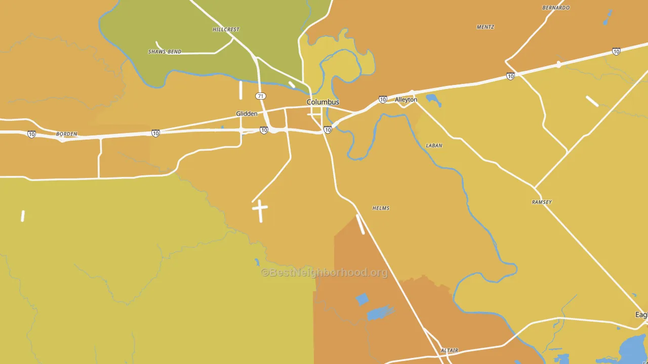 Map of the best neighborhoods in the Colorado County area, with better matches in green and worse matches in red