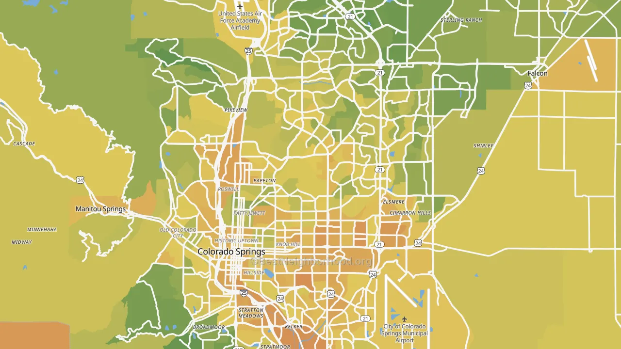 Map of the best neighborhoods in the Colorado Springs Metro area, with better matches in green and worse matches in red