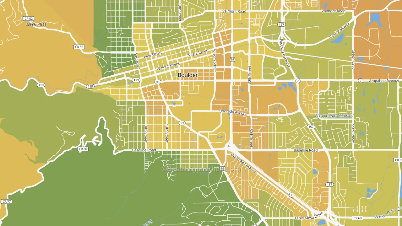 Map of the best neighborhoods in the Colorado University, Boulder area, with better matches in green and worse matches in red