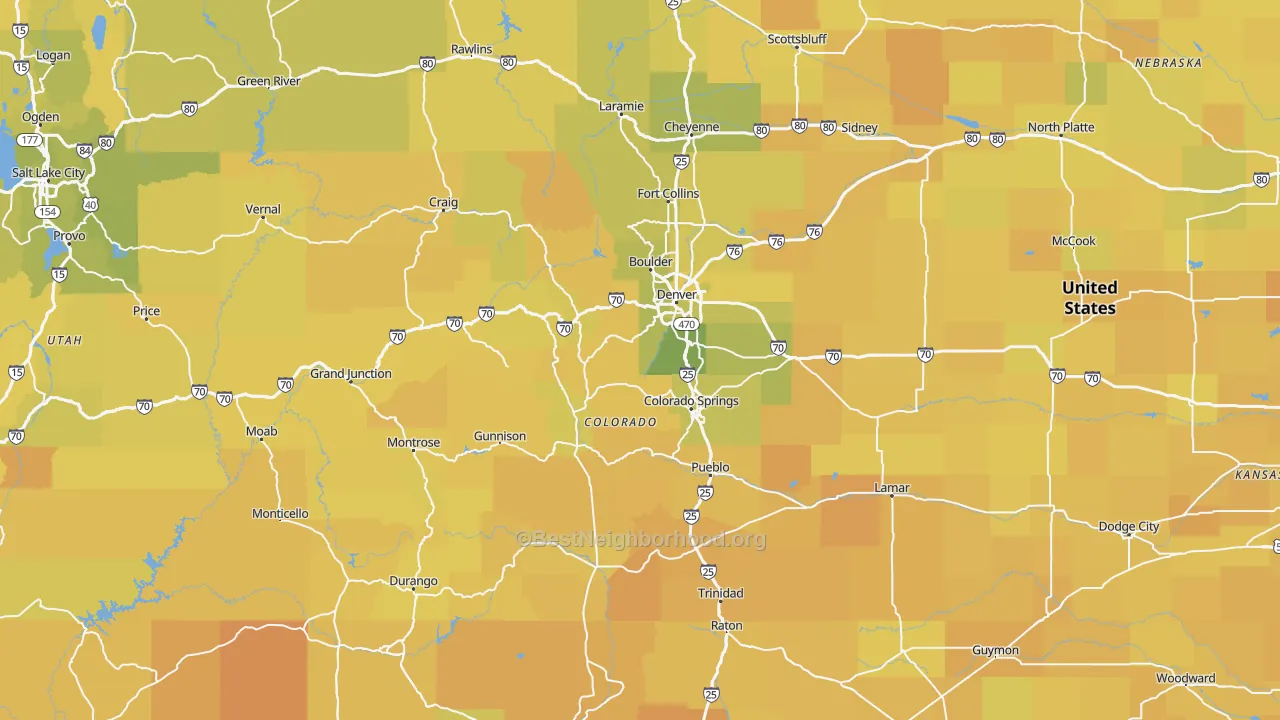 Map of the best neighborhoods in the Colorado area, with better matches in green and worse matches in red