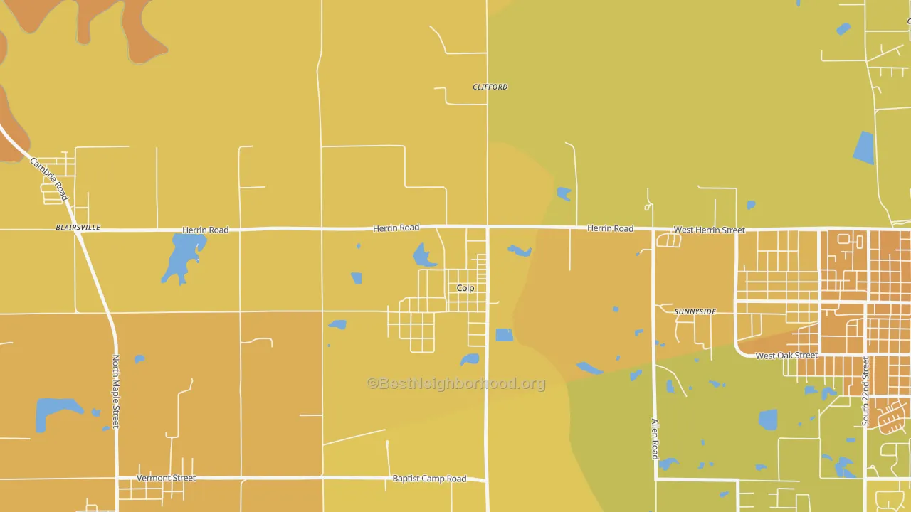 Map of the best neighborhoods in the Colp area, with better matches in green and worse matches in red