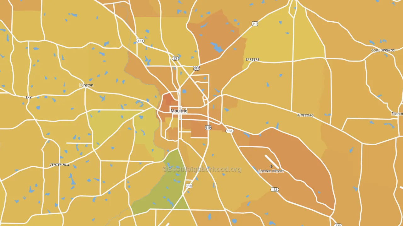 Map of the best neighborhoods in the Colquitt County area, with better matches in green and worse matches in red