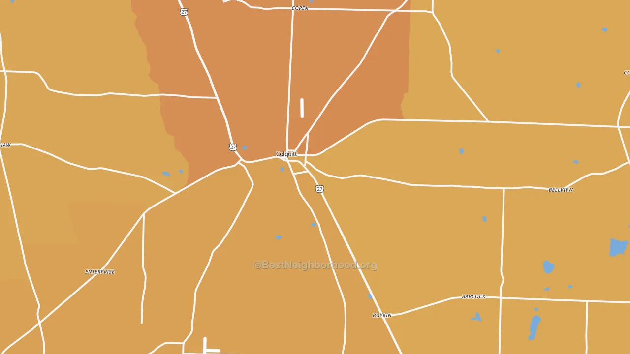 Map of the best neighborhoods in the Colquitt area, with better matches in green and worse matches in red