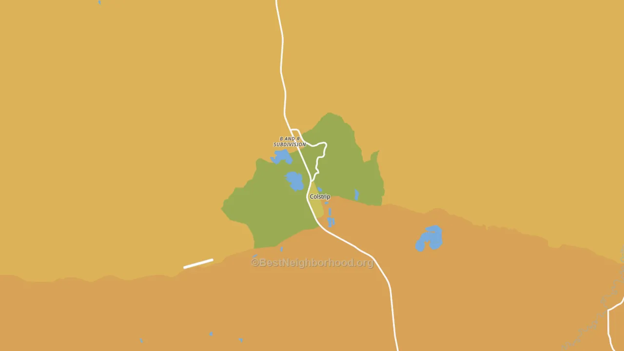 Map of the best neighborhoods in the Colstrip area, with better matches in green and worse matches in red