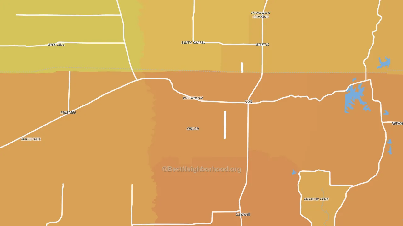 Map of the best neighborhoods in the Colt area, with better matches in green and worse matches in red