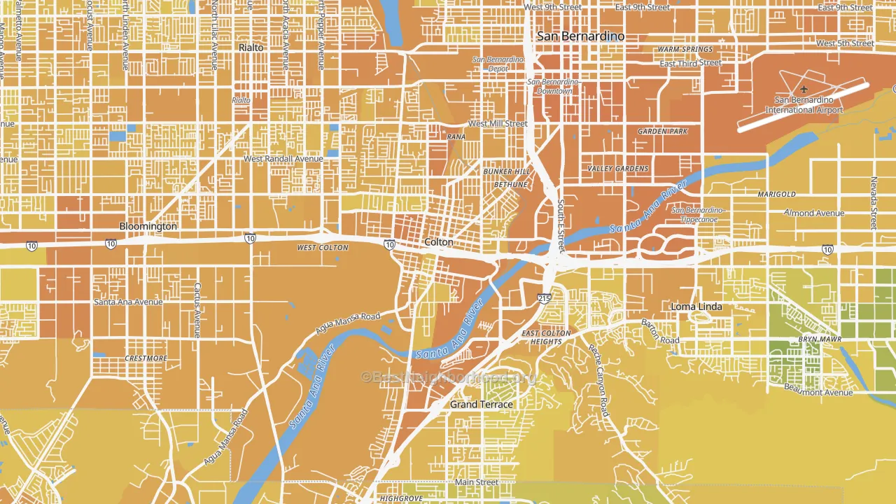 Map of the best neighborhoods in the Colton area, with better matches in green and worse matches in red
