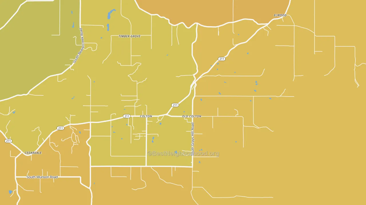 Map of the best neighborhoods in the Colton area, with better matches in green and worse matches in red
