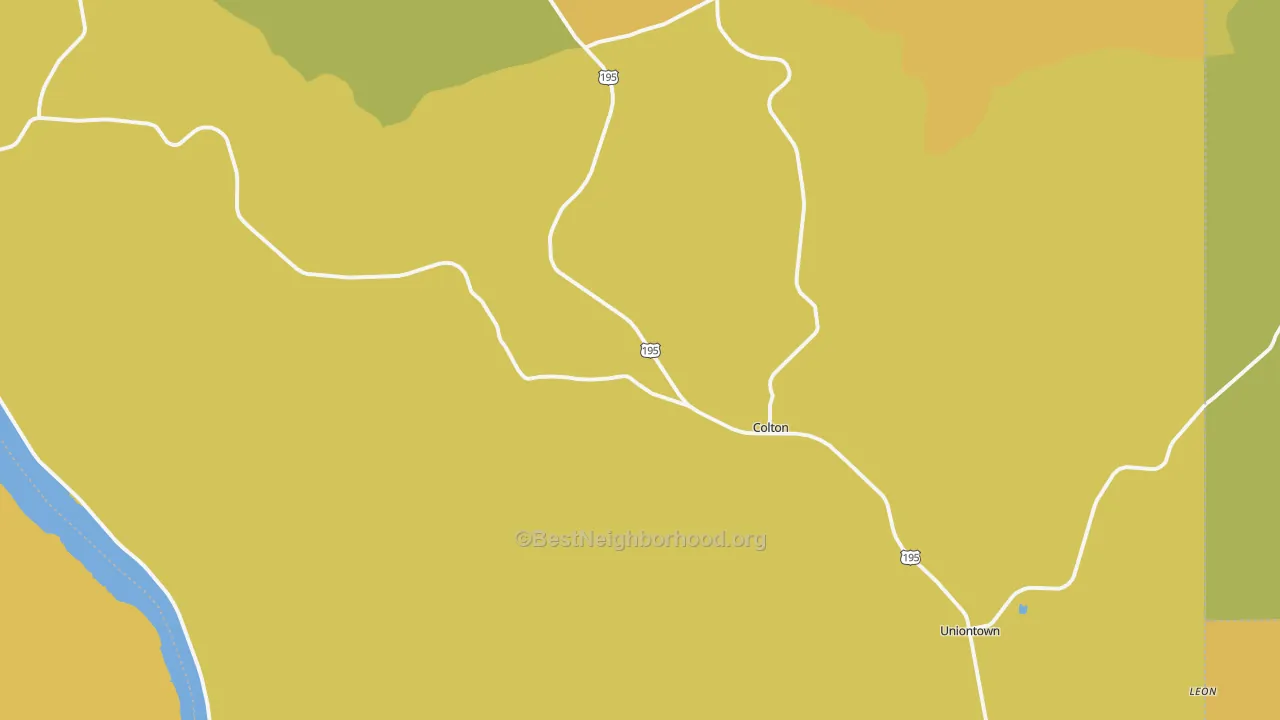 Map of the best neighborhoods in the Colton area, with better matches in green and worse matches in red