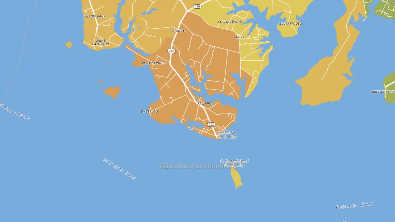 Map of the best neighborhoods in the Coltons Point area, with better matches in green and worse matches in red