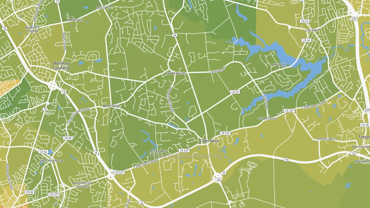 Map of the best neighborhoods in the Colts Neck area, with better matches in green and worse matches in red