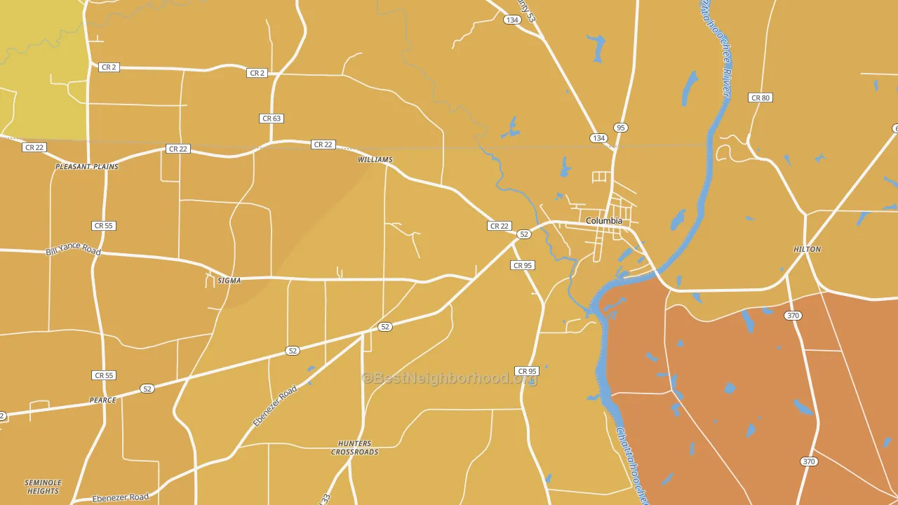 Map of the best neighborhoods in the Columbia area, with better matches in green and worse matches in red