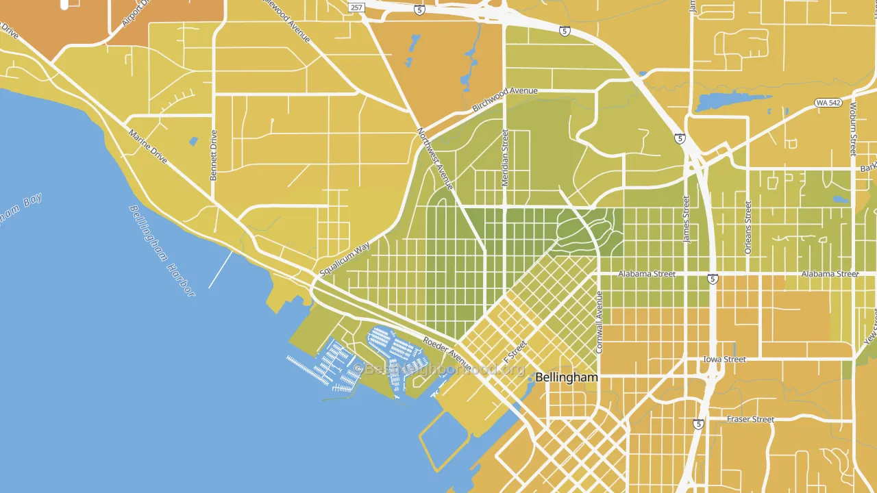 Map of the best neighborhoods in the Columbia, Bellingham area, with better matches in green and worse matches in red