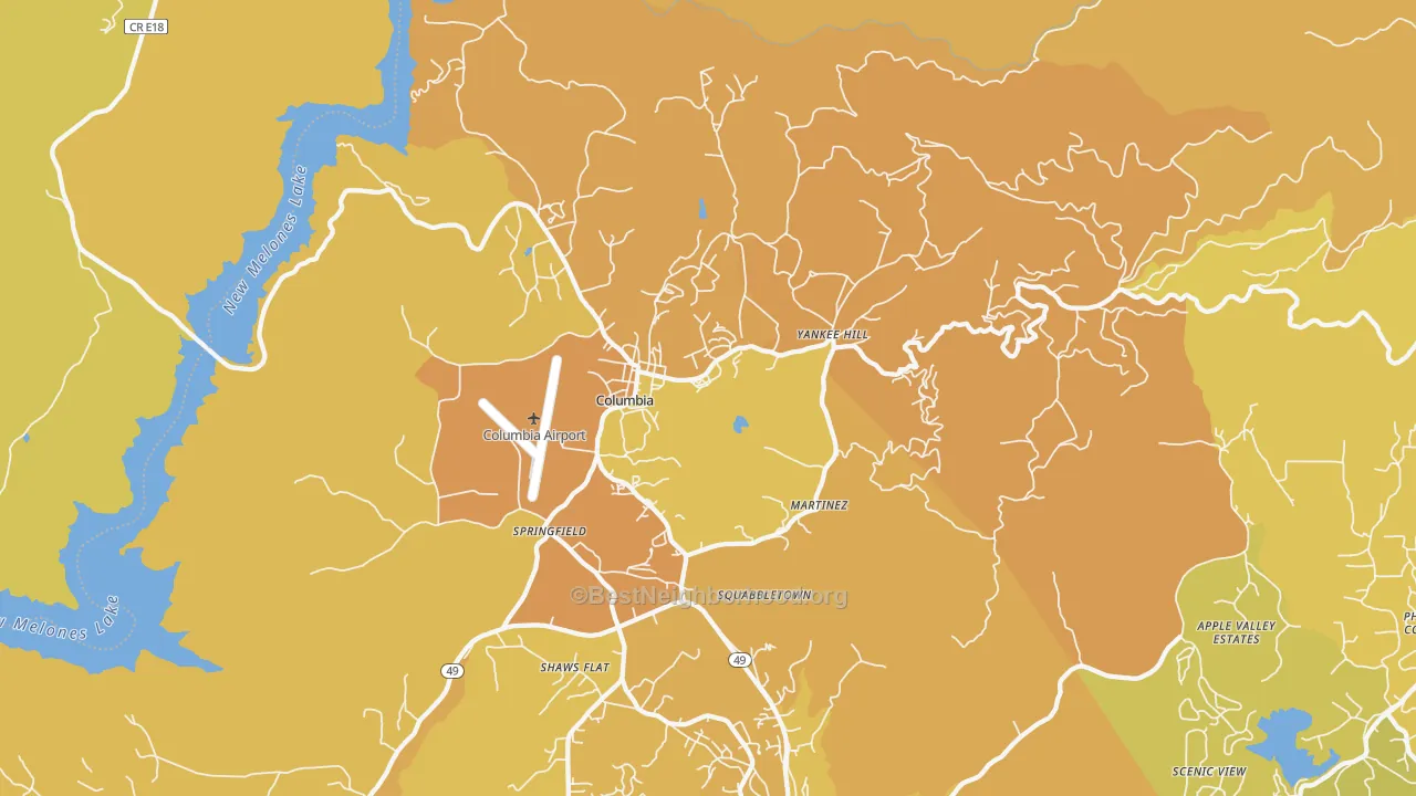 Map of the best neighborhoods in the Columbia area, with better matches in green and worse matches in red