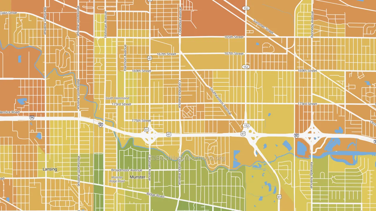 Map of the best neighborhoods in the Columbia Center, Hammond area, with better matches in green and worse matches in red