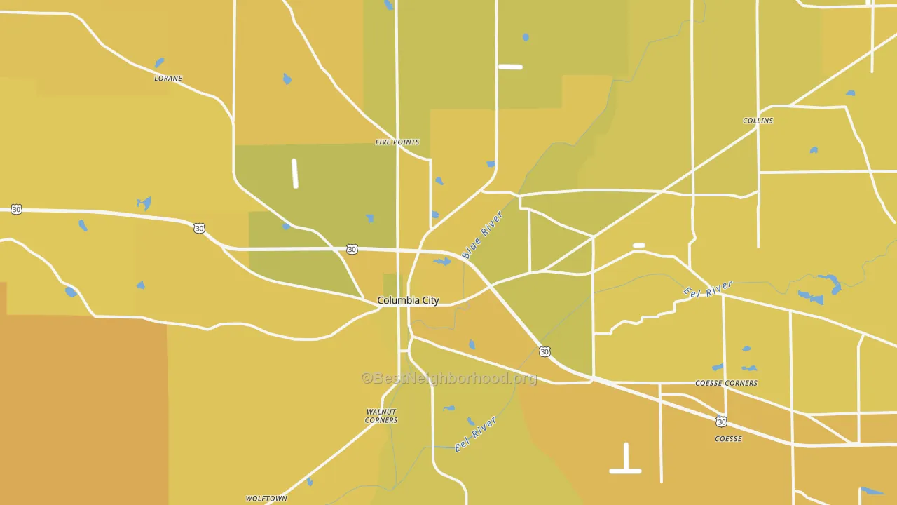 Map of the best neighborhoods in the Columbia City area, with better matches in green and worse matches in red