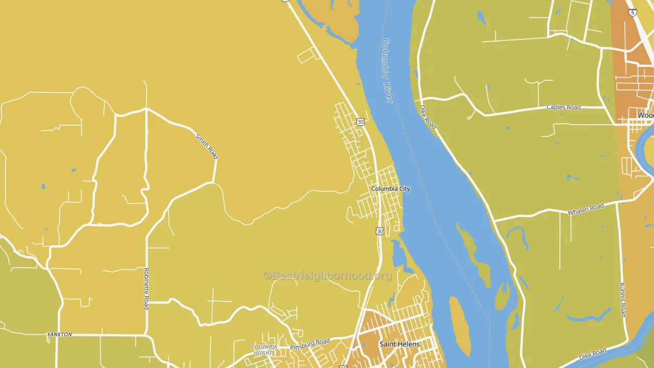 Map of the best neighborhoods in the Columbia City area, with better matches in green and worse matches in red