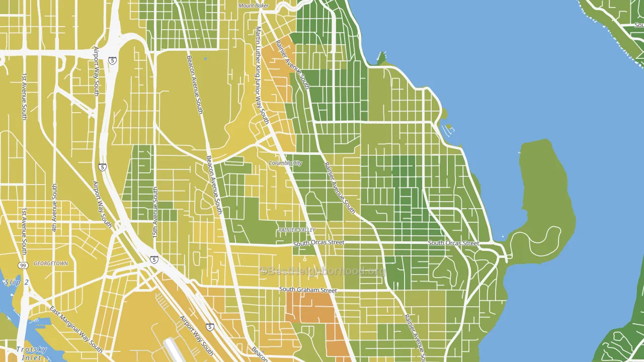 Map of the best neighborhoods in the Columbia City, Seattle area, with better matches in green and worse matches in red