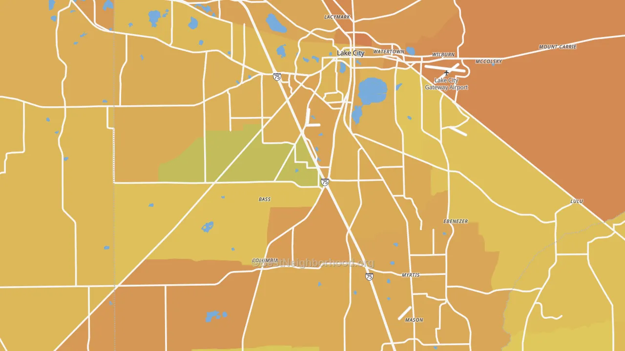 Map of the best neighborhoods in the Columbia County area, with better matches in green and worse matches in red